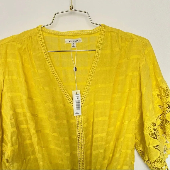 Max Studio Flounce Sleeve Top Knot Front Lace Size Medium Yellow Cotton Blend - Picture 8 of 10